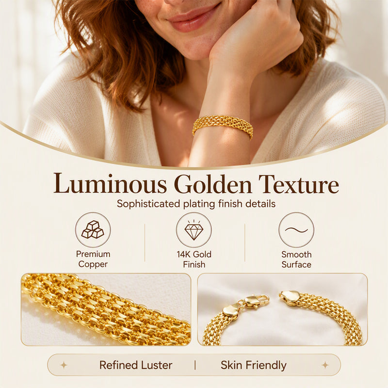 💎 Achetez 1, obtenez 1 gratuit ! ✨ Bracelet Large en Maille Tressée – Plaqué Or 14 Carats – Alliage – Style Luxe – Cadeau Idéal pour Elle 🎁