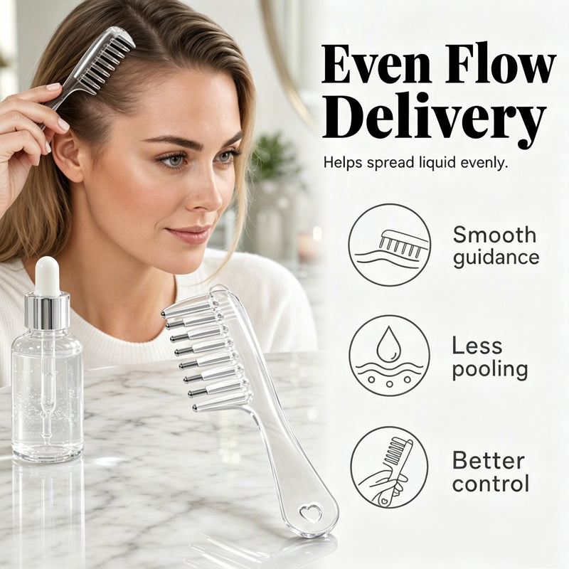📢 -50% !! ⏰ Peigne Applicateur de Soin du Cuir Chevelu – PC + Silicone + Métal – 45×160 mm – 6 Dents – Embouts Roulants – Transparent/Rose 💆‍♂️
