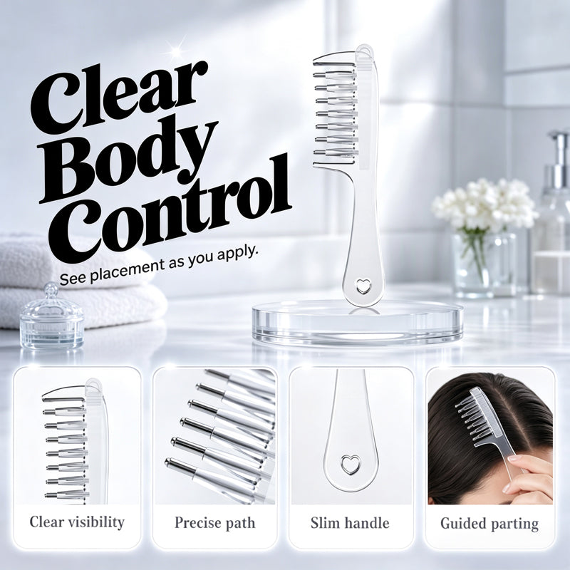 📢 -50% !! ⏰ Peigne Applicateur de Soin du Cuir Chevelu – PC + Silicone + Métal – 45×160 mm – 6 Dents – Embouts Roulants – Transparent/Rose 💆‍♂️