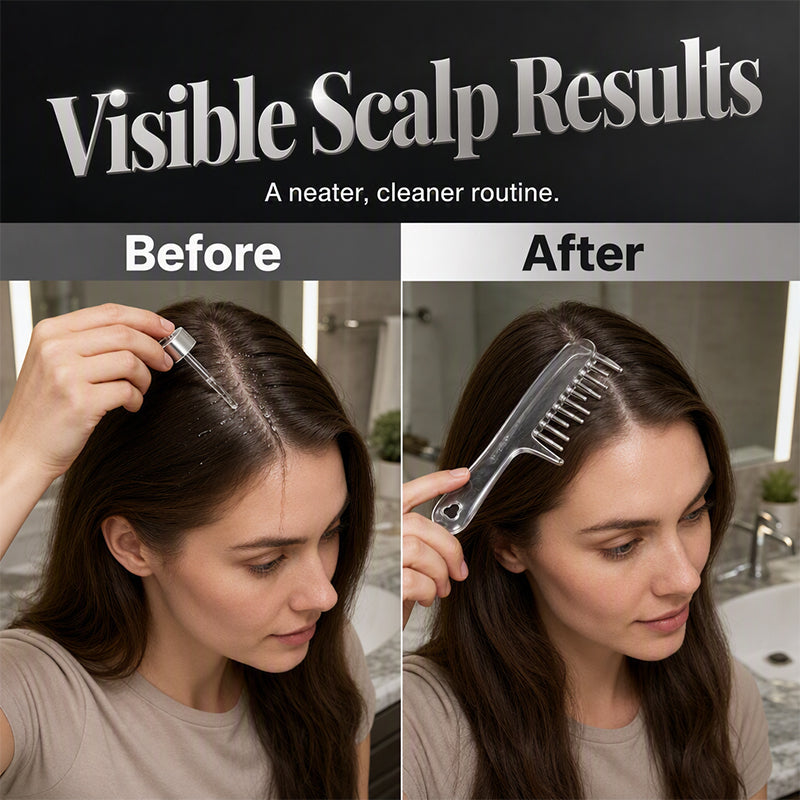 📢 -50% !! ⏰ Peigne Applicateur de Soin du Cuir Chevelu – PC + Silicone + Métal – 45×160 mm – 6 Dents – Embouts Roulants – Transparent/Rose 💆‍♂️