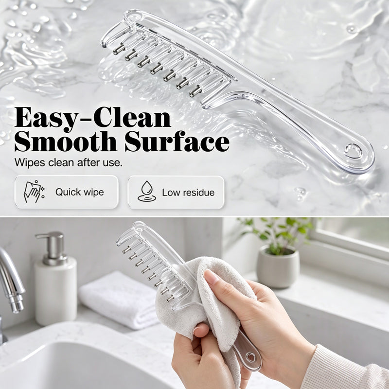 📢 -50% !! ⏰ Peigne Applicateur de Soin du Cuir Chevelu – PC + Silicone + Métal – 45×160 mm – 6 Dents – Embouts Roulants – Transparent/Rose 💆‍♂️