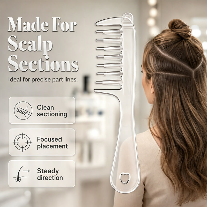 📢 -50% !! ⏰ Peigne Applicateur de Soin du Cuir Chevelu – PC + Silicone + Métal – 45×160 mm – 6 Dents – Embouts Roulants – Transparent/Rose 💆‍♂️