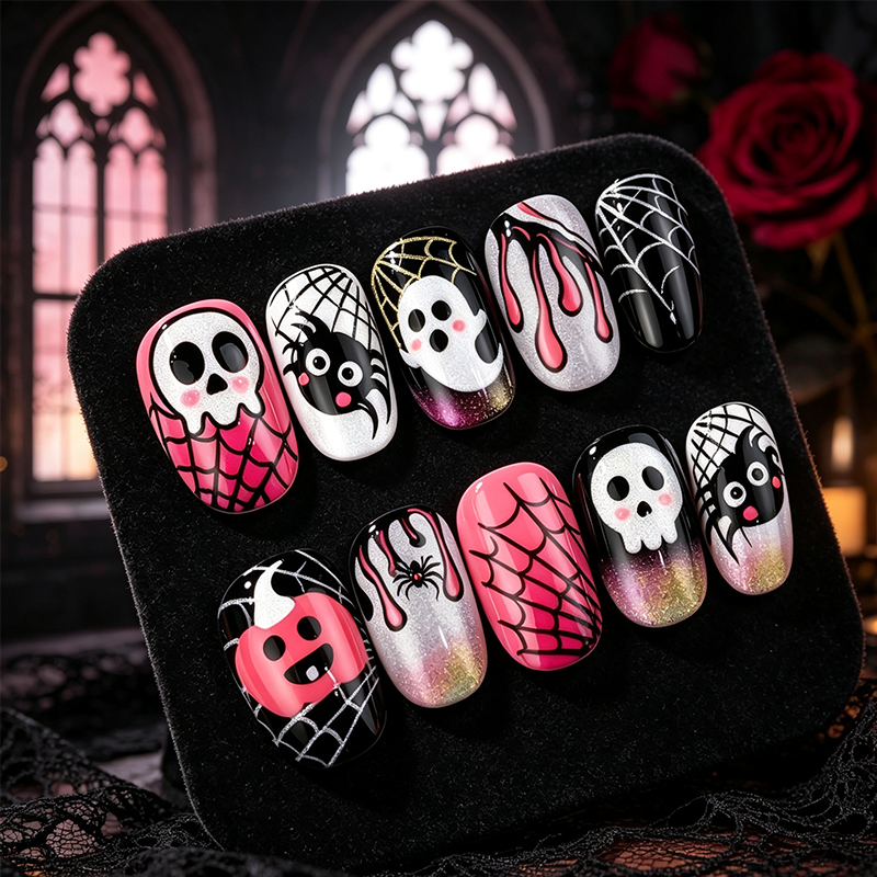✨‑50 % MAINTENANT !✨Set d’ongles autocollants Halloween🎃, facile à poser, nombreux motifs effrayants, idéal pour les fêtes d’Halloween👻