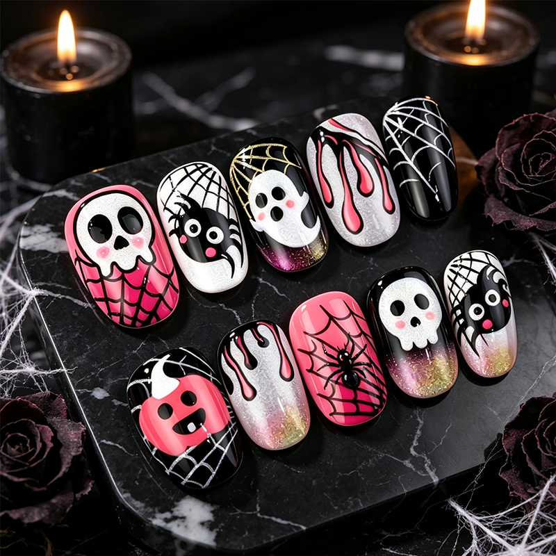 ✨‑50 % MAINTENANT !✨Set d’ongles autocollants Halloween🎃, facile à poser, nombreux motifs effrayants, idéal pour les fêtes d’Halloween👻