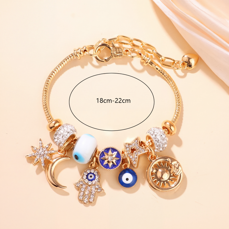 ☀️ -50% ! 🌙 Bracelet à Breloques Célestes Soleil et Lune – Alliage Doré – 18–22 cm Ajustable – Strass et Émail – Cadeau Astral ✨