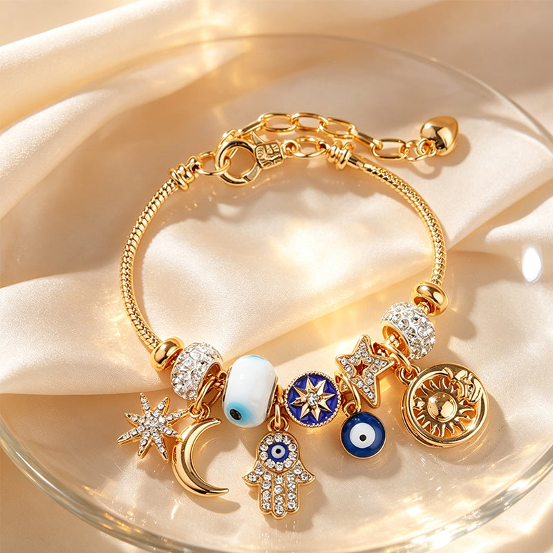 ☀️ -50% ! 🌙 Bracelet à Breloques Célestes Soleil et Lune – Alliage Doré – 18–22 cm Ajustable – Strass et Émail – Cadeau Astral ✨