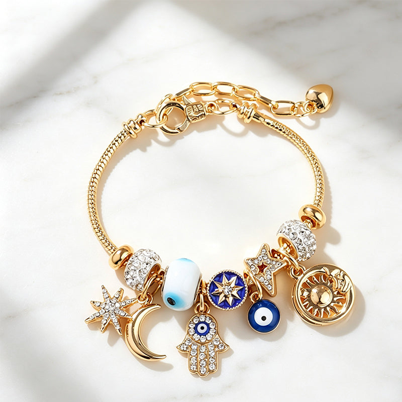 ☀️ -50% ! 🌙 Bracelet à Breloques Célestes Soleil et Lune – Alliage Doré – 18–22 cm Ajustable – Strass et Émail – Cadeau Astral ✨