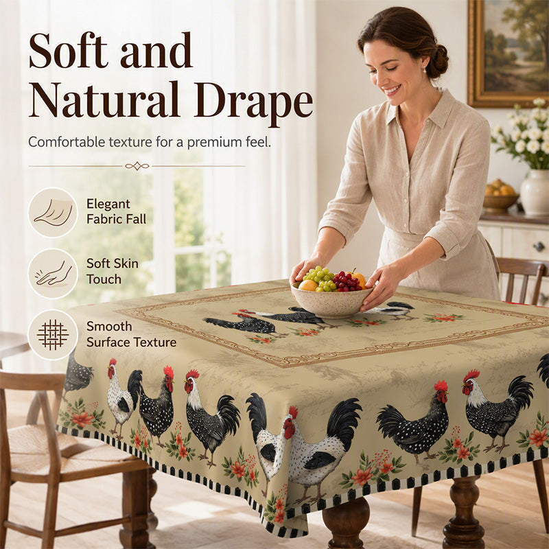 🐓 PROMO FLASH : 50% DE RÉDUCTION ! 🌿 Nappe Rustique Vintage à Motif Coq – Imperméable & Anti-Taches – Polyester Haute Densité – Bordures Dentelle Festonnée – Charme Pastoral Authentique 🏡