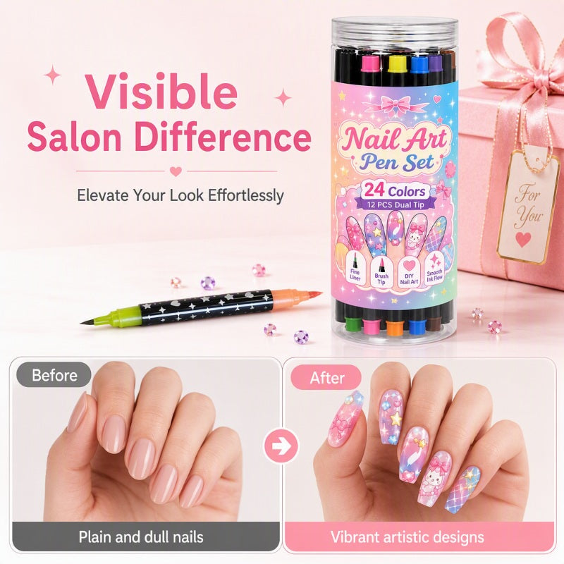 💅 PROMO FLASH : 50% DE RÉDUCTION ! ⏰ Set de 12 Stylos Nail Art Double Pointe – 24 Couleurs Vives – Pointe Fine & Pinceau for Manucure DIY 🎨