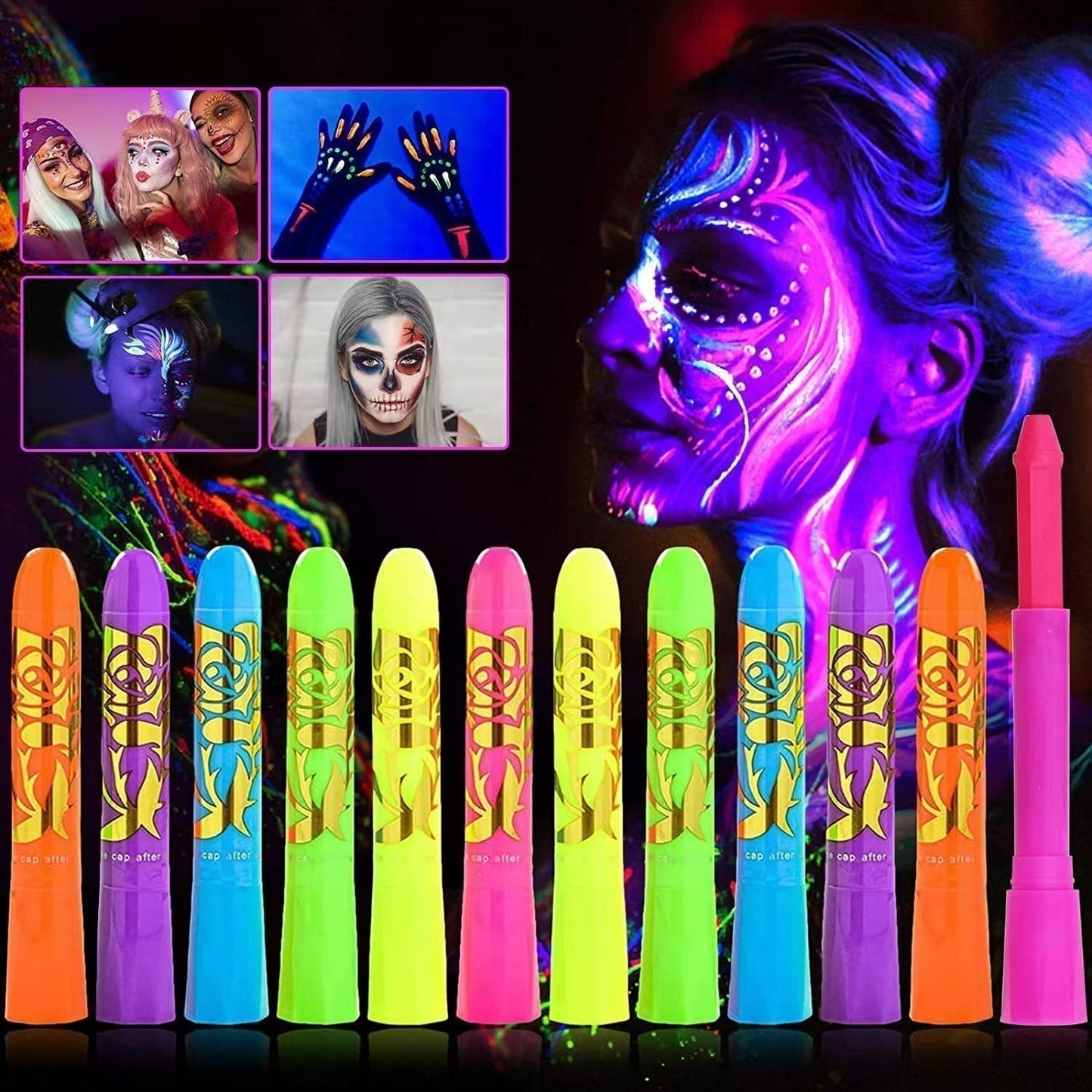 🌟 PROMO FLASH : 50% DE RÉDUCTION ! ✨ Crayons Luminescents Peinture Corporelle – Hydrosoluble & UV Fluorescent – 98% Lavables for Fêtes & Halloween 🎭