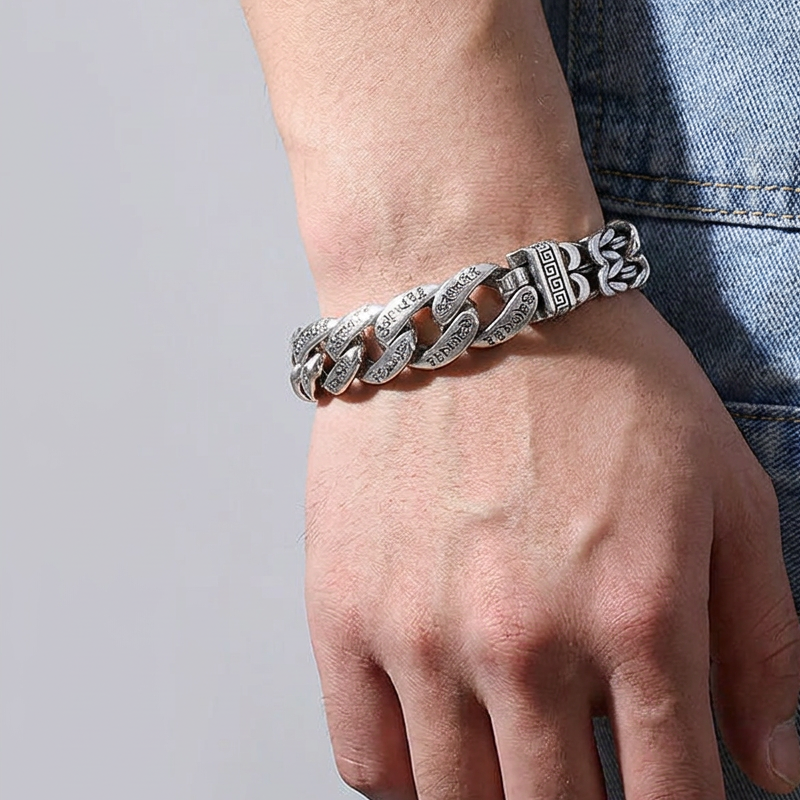 💿 PROMO FLASH : 50% DE RÉDUCTION ! 🕉️ Bracelet Mantra Rétro pour Homme – Six Syllabes Gravées & Finition Argent Vintage – Double Chaîne, 18–22 cm for Style Spirituel ✨