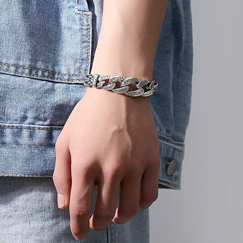 💿 PROMO FLASH : 50% DE RÉDUCTION ! 🕉️ Bracelet Mantra Rétro pour Homme – Six Syllabes Gravées & Finition Argent Vintage – Double Chaîne, 18–22 cm for Style Spirituel ✨