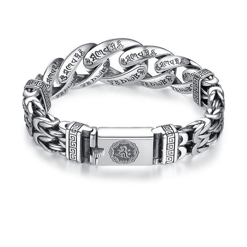 💿 PROMO FLASH : 50% DE RÉDUCTION ! 🕉️ Bracelet Mantra Rétro pour Homme – Six Syllabes Gravées & Finition Argent Vintage – Double Chaîne, 18–22 cm for Style Spirituel ✨