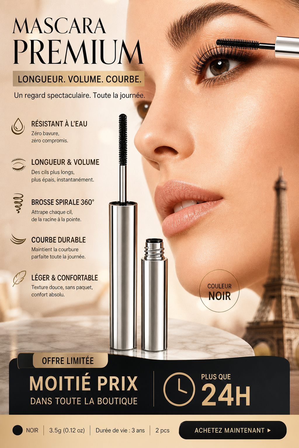 ✨ 50% DE RÉDUCTION ! 👁️ Mascara Waterproof Effet Naturel – 3,5g – Brosse Spirale 360° & Longue Tenue for Cils