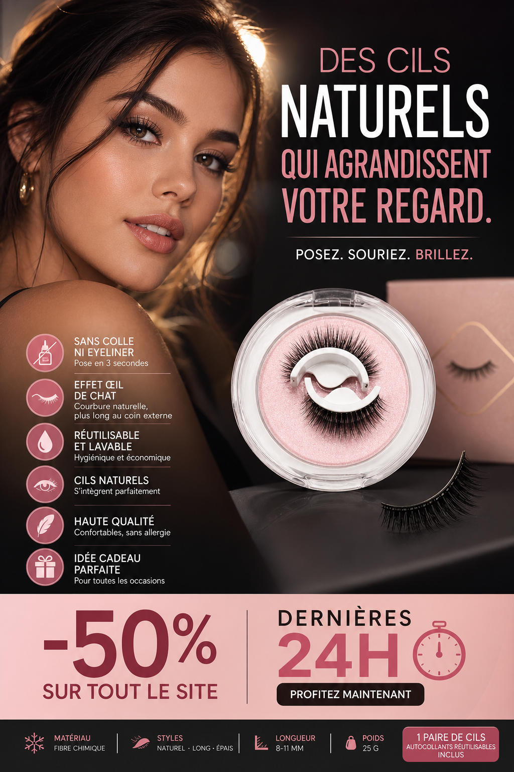 💦 ACHETEZ 2, OFFERT 1 ! ✨ Faux Cils Auto-Adhésifs Waterproof – Faciles à poser, tenue longue durée & effet naturel – Regard agrandi sans colle ni tracas 👁️