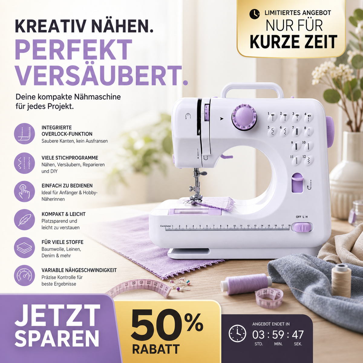 🧵 50% DE RÉDUCTION ! 🛍️ Mini Machine à Coudre – 12 Points – Robuste & Compacte for Maison